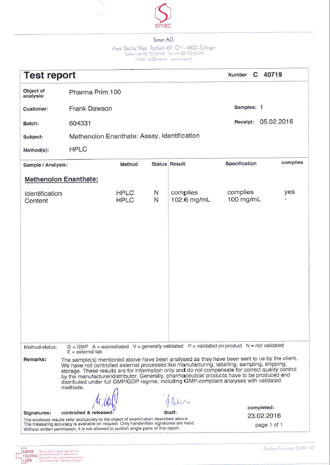 PHARMA PRIM 100 dosage report