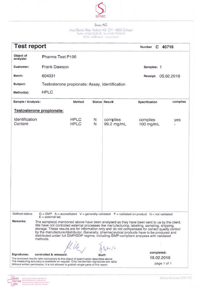 PHARMA TEST P 100 dosage report